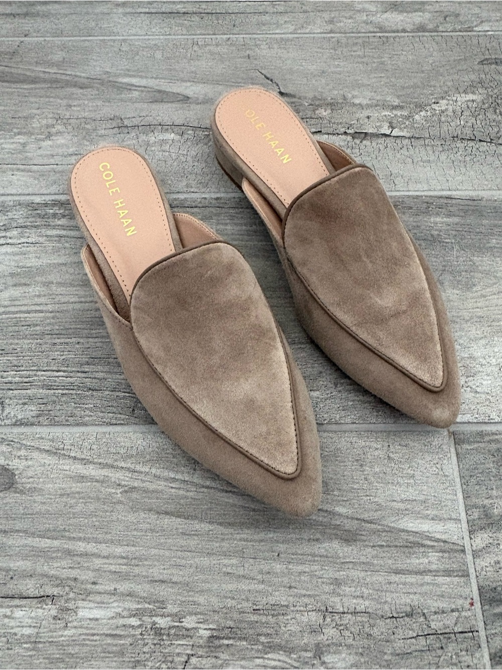 Cole Haan Taupe Suede Pointed-Toe Mule Slides - Picture 2 of 3